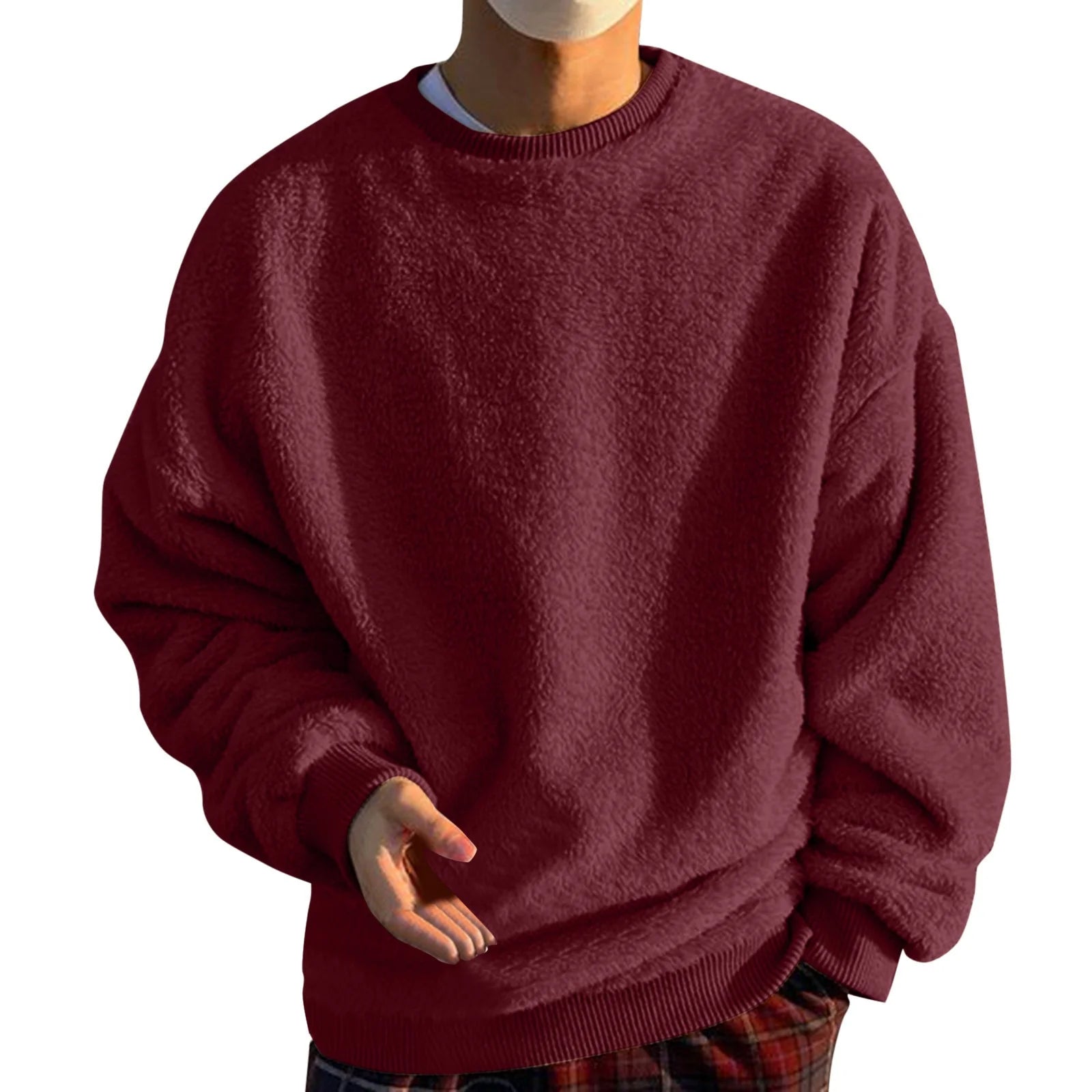Men Sweatshirts Tops Men'S Solid Color Fashionable Casual Plush round Neck Hoodie Casual Big and Tall Sweatshirts for Men Wine 3XL