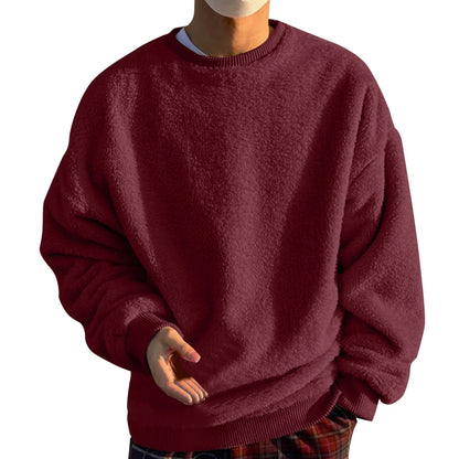 Men Sweatshirts Tops Men'S Solid Color Fashionable Casual Plush round Neck Hoodie Casual Big and Tall Sweatshirts for Men Wine 3XL