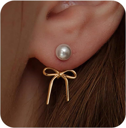 Bow Earrings Pearl Bow Earrings Rhinestone Bow Earrings Gold Ribbon Dangle Earrings Trendy Bow Stuff Jewelry Gifts for Women