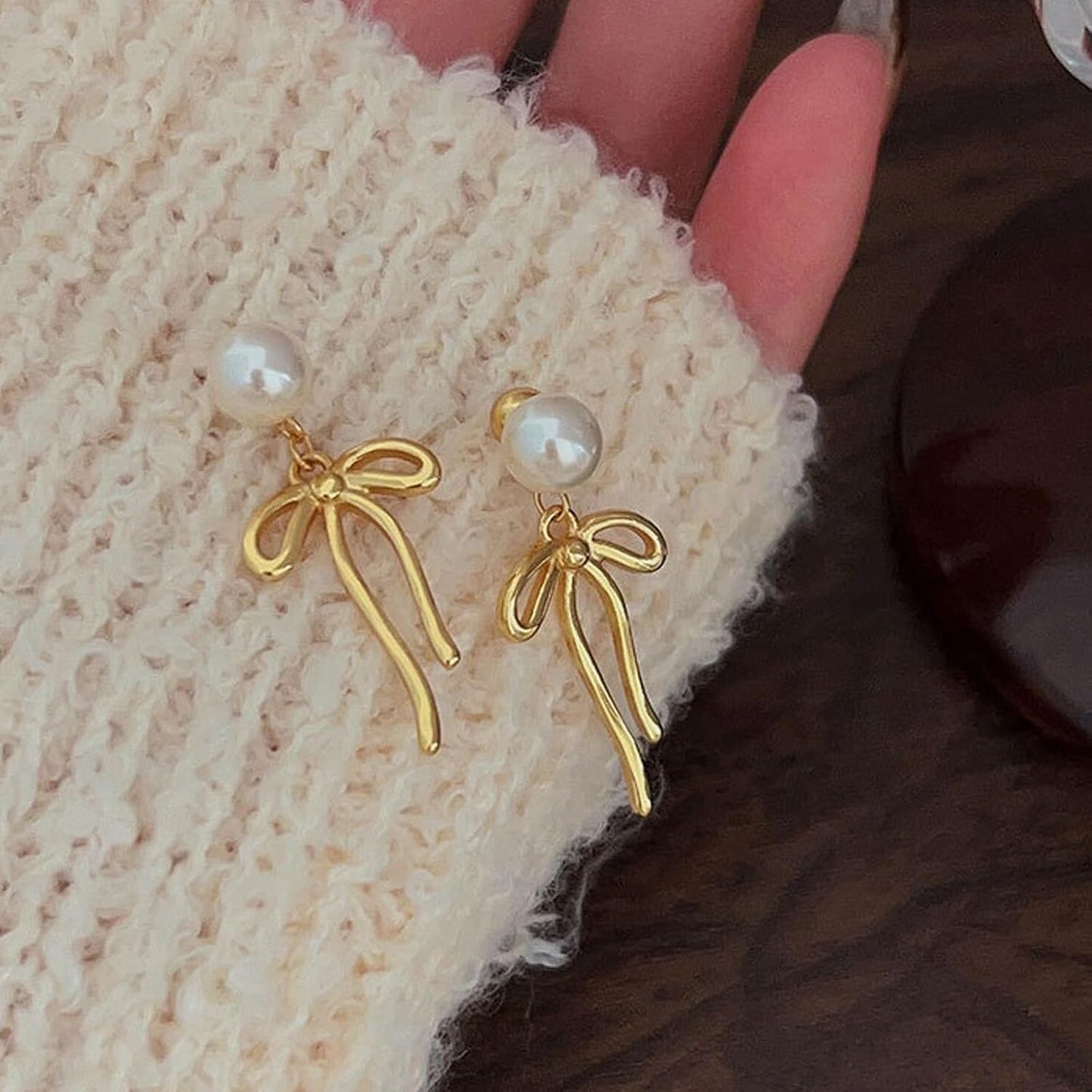 Bow Earrings Pearl Bow Earrings Rhinestone Bow Earrings Gold Ribbon Dangle Earrings Trendy Bow Stuff Jewelry Gifts for Women