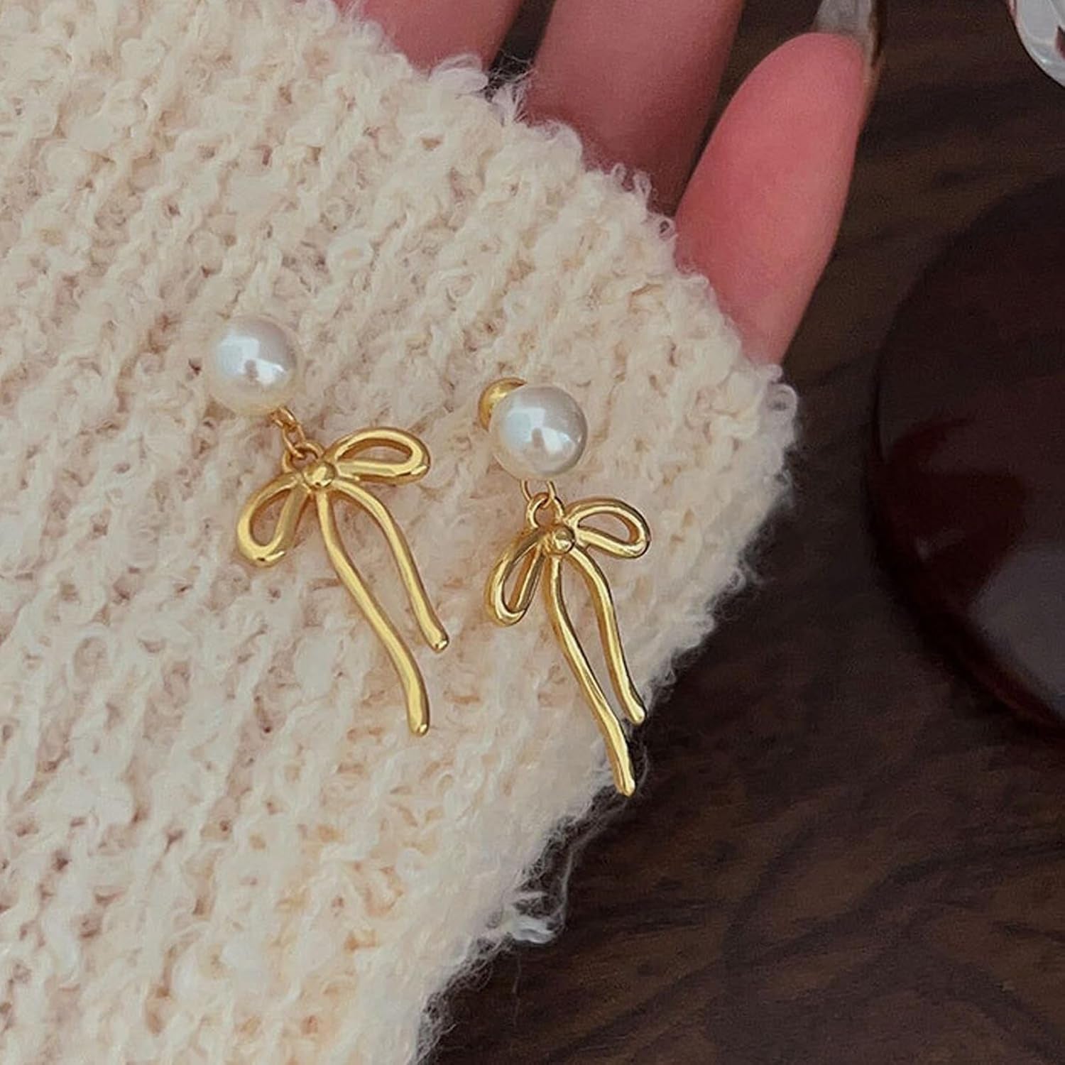 Bow Earrings Pearl Bow Earrings Rhinestone Bow Earrings Gold Ribbon Dangle Earrings Trendy Bow Stuff Jewelry Gifts for Women