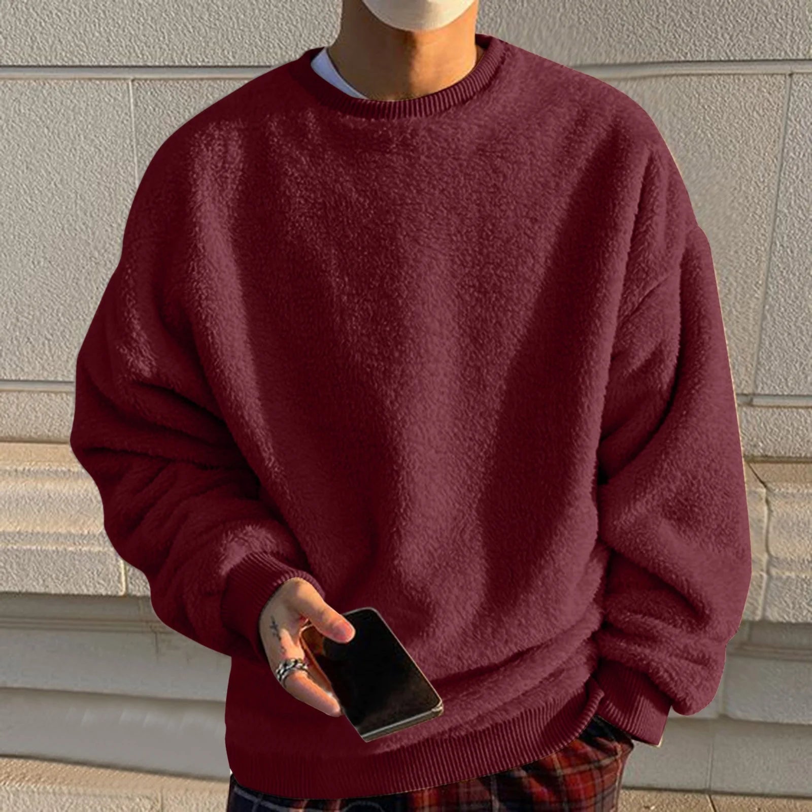Men Sweatshirts Tops Men'S Solid Color Fashionable Casual Plush round Neck Hoodie Casual Big and Tall Sweatshirts for Men Wine 3XL